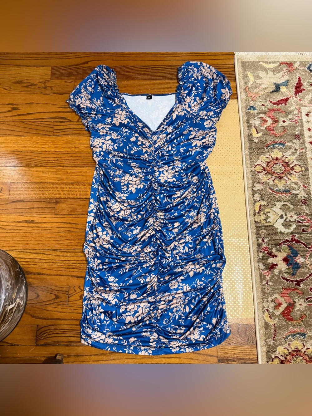 Blue & Beige Floral Ruched Bodycon Dress - 2XL
